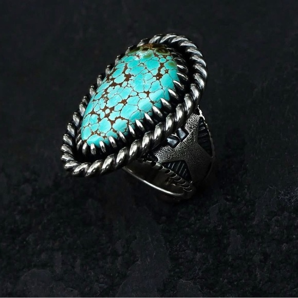 Will Barnes High Grade Pilot Mountain Custom Turquoise and Silver Statement Ring - Picture 4 of 5